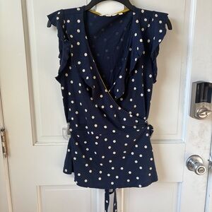 (3/$25) BODEN Navy and White Polka Dot Tie Front Wrap Blouse Size M